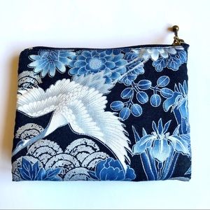 NEW Japan Japanese Asian Handmade Small Pouch Coin Purse Swan Floral Blue NWOT